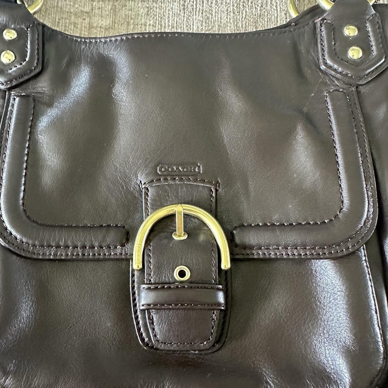 Coach Brown Large Shoulder Bag w/ Front Buckle Pocket, Zip Top, Gold Hardware