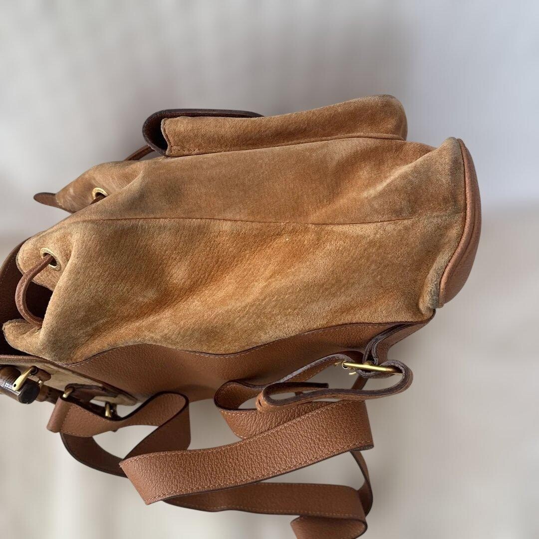 GUCCI Bamboo Suede Backpack Camel Gold Turn Lock Vintage Women Italy From Japan