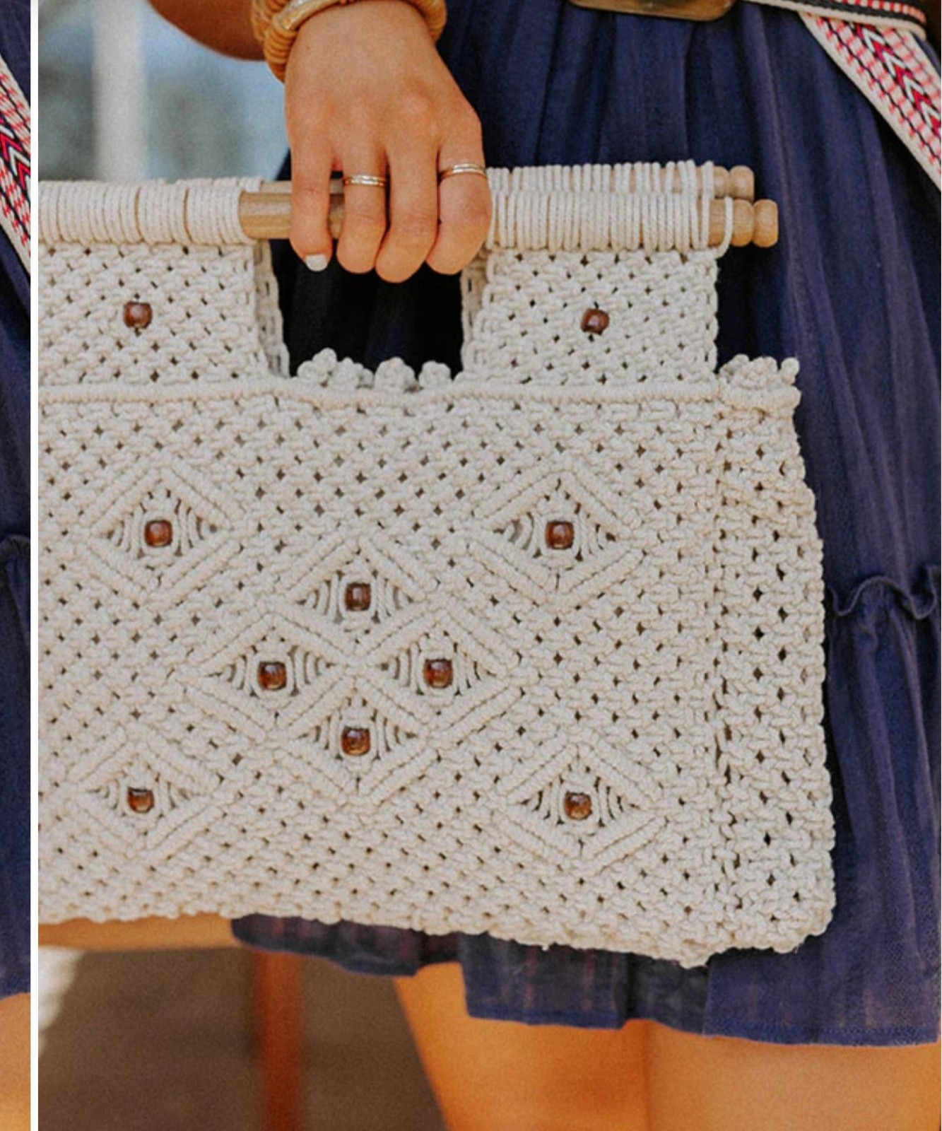 Macrame Boho Virginia Wolf Tote Bag with Wooden Handles/Beads Lined Pocket