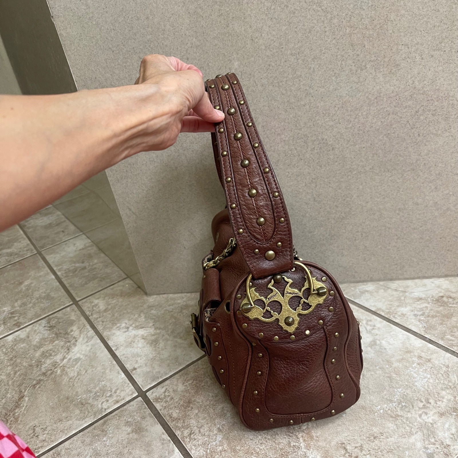 Betsey Johnson Brown Pebbled Leather Studded Shoulder Bag Brass Hardware Vintage