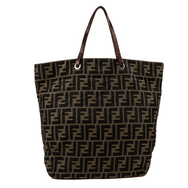 Fendi FF Logo Zucca Bag Shoulder Strap Tote Purse Brown Black Canvas Monogram