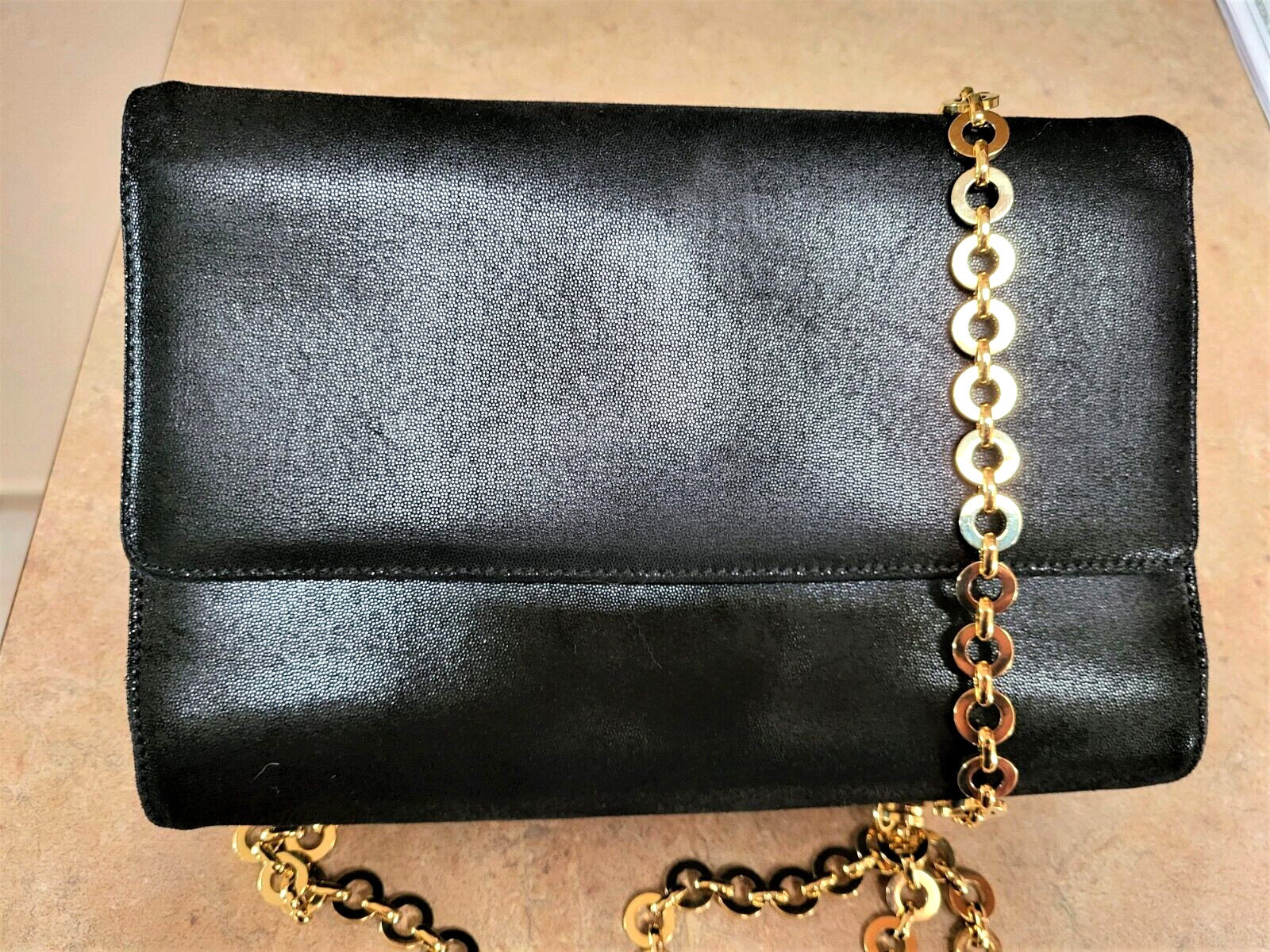 Ferragamo Black Shimmery Suede Evening Bag Gold Circle Chain Clutch – S/M