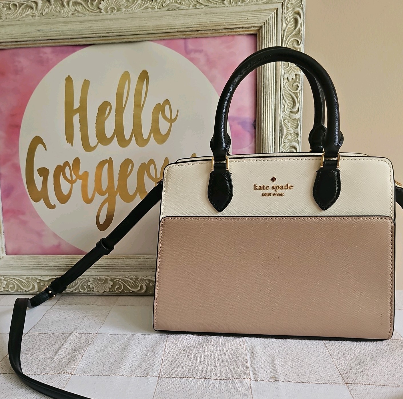 New KATE SPADE Colorblock Madison Small Satchel Crossbody Bag Beige White Black