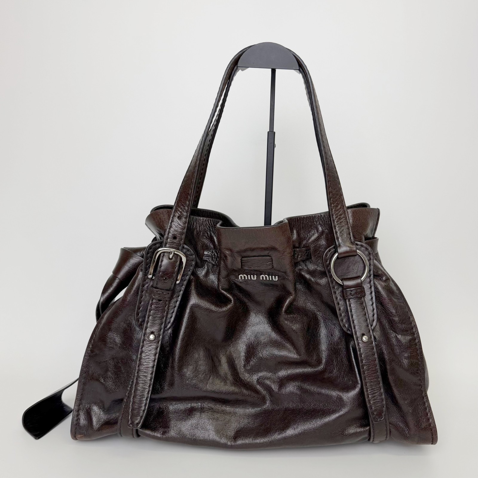MIU MIU Vitello Lux Gathered Brown Leather Shoulder Handbag Vintage