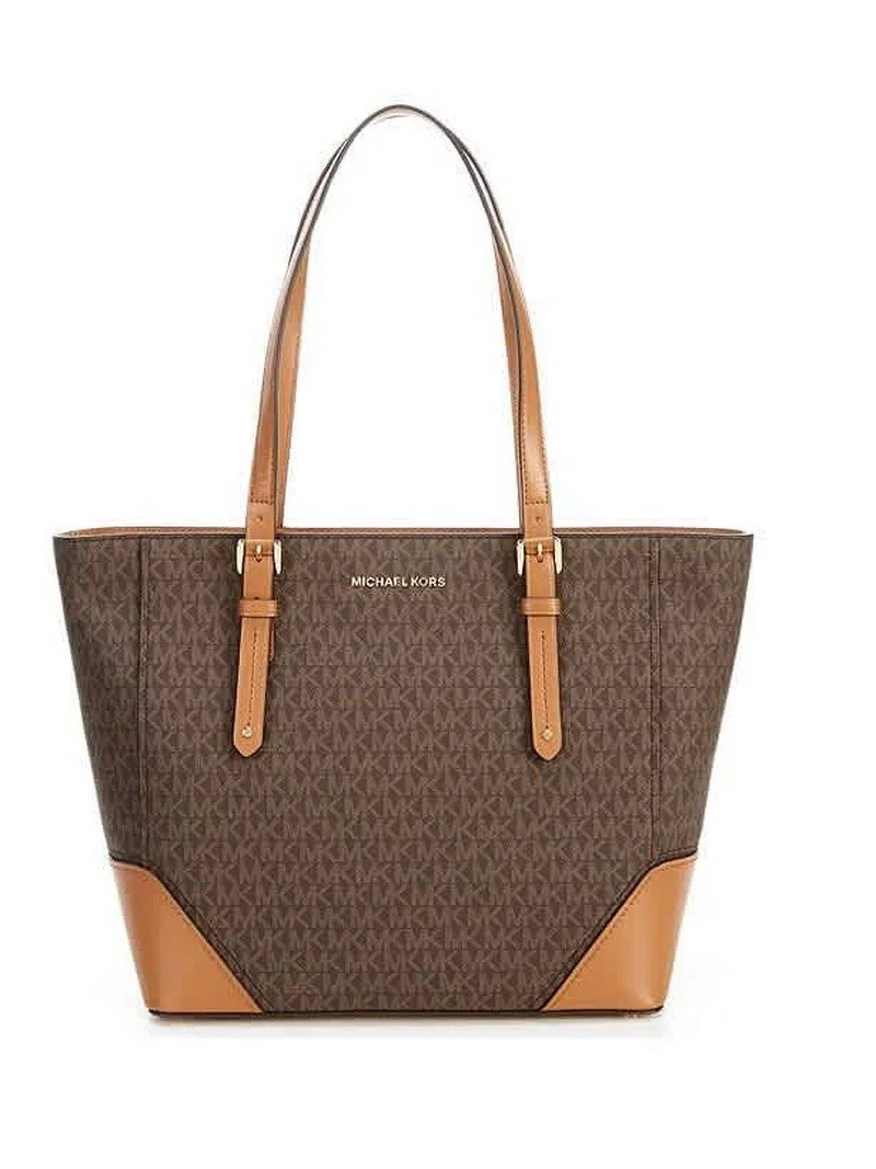 Michael Kors Aria Large Brown Tan Tote Bag Gold Purse Classic Designer NWT