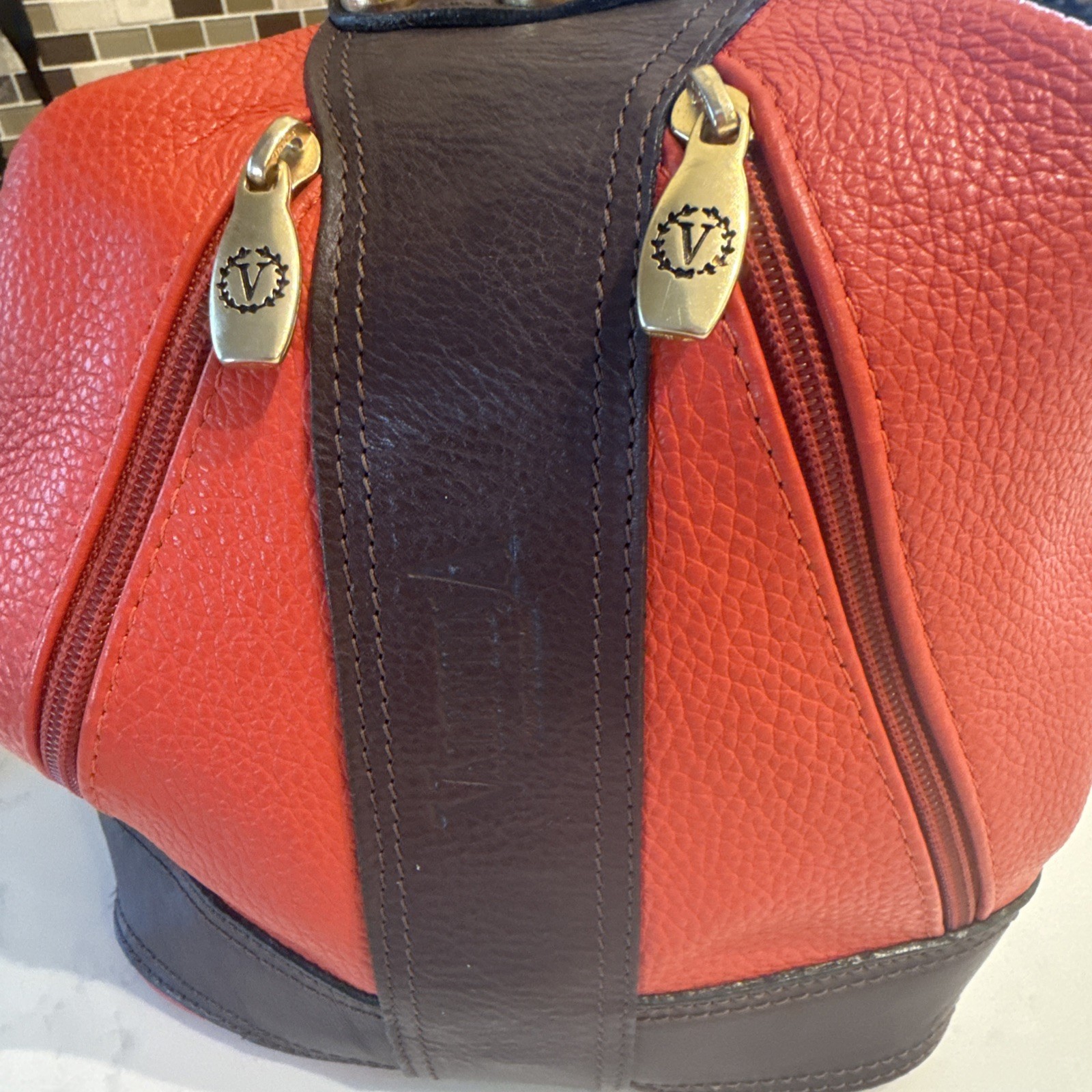 Valentina Italy Orange Pebbled Leather Sling Backpack Tan Trim Gold Hardware