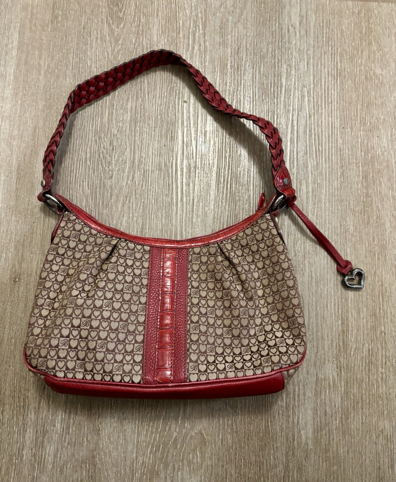 Vintage Brighton Red Beige Shoulder Bag Heart Charm, Braided Strap, Logo Pattern