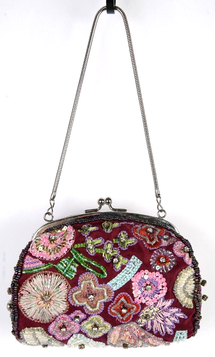 Indeed Brand Plum Purple Beaded, RhinestoneEmbroidered Purse W/Chain Kiss Clasp