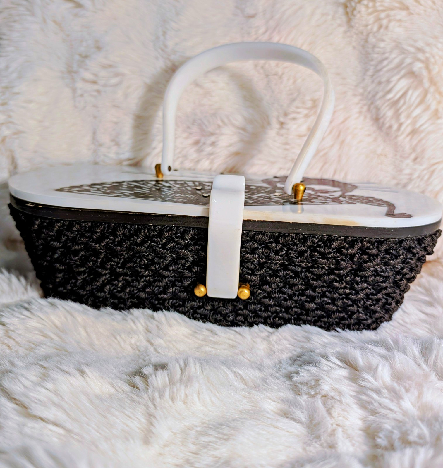 Black & White Lucite Top, Purse, Hinged Lid, Lined, Gold Hardware, Wood Bottom.