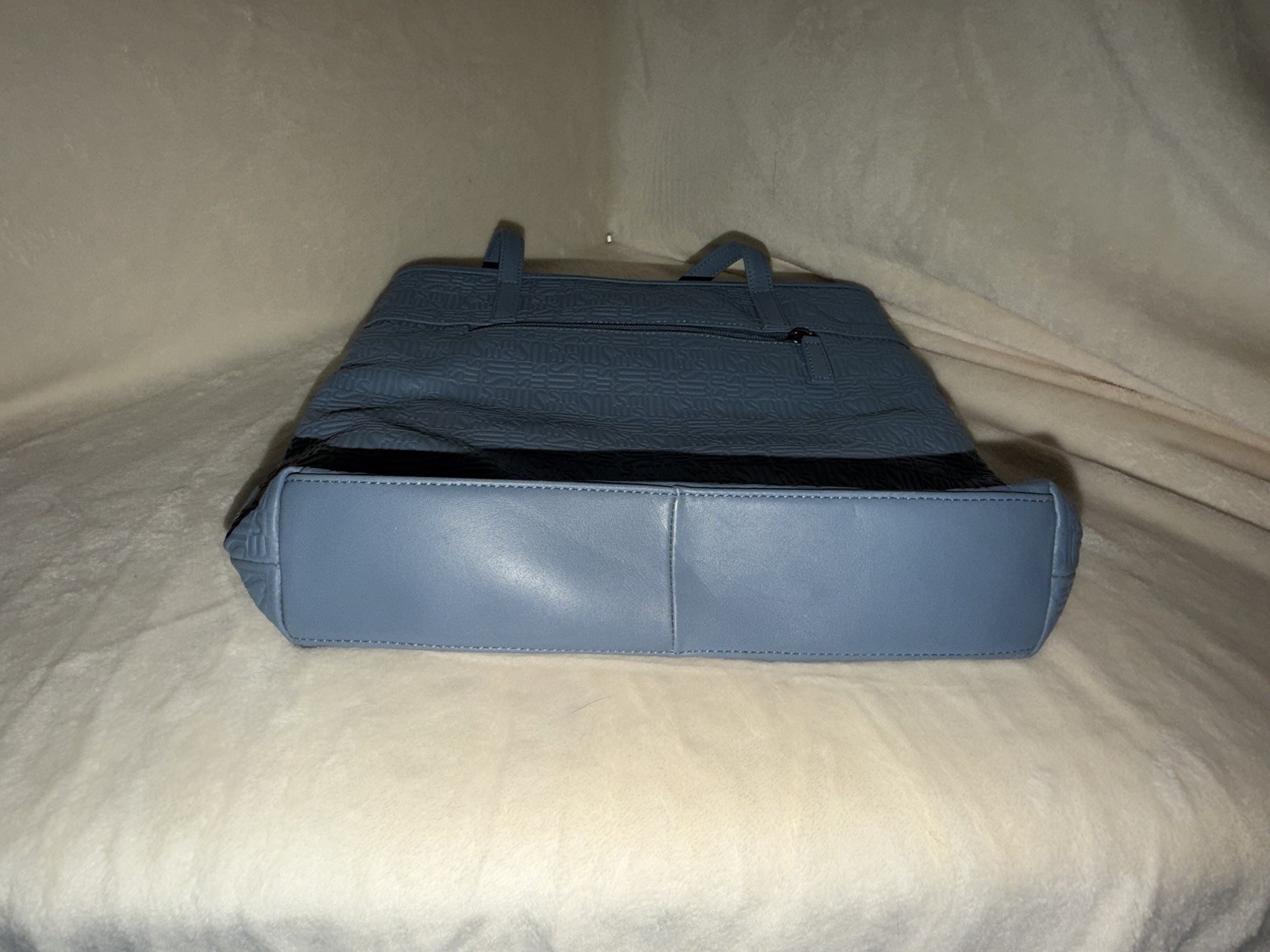 Stone Mountain Embossed Slate Blue Tote Bag with Front Zip Pocket