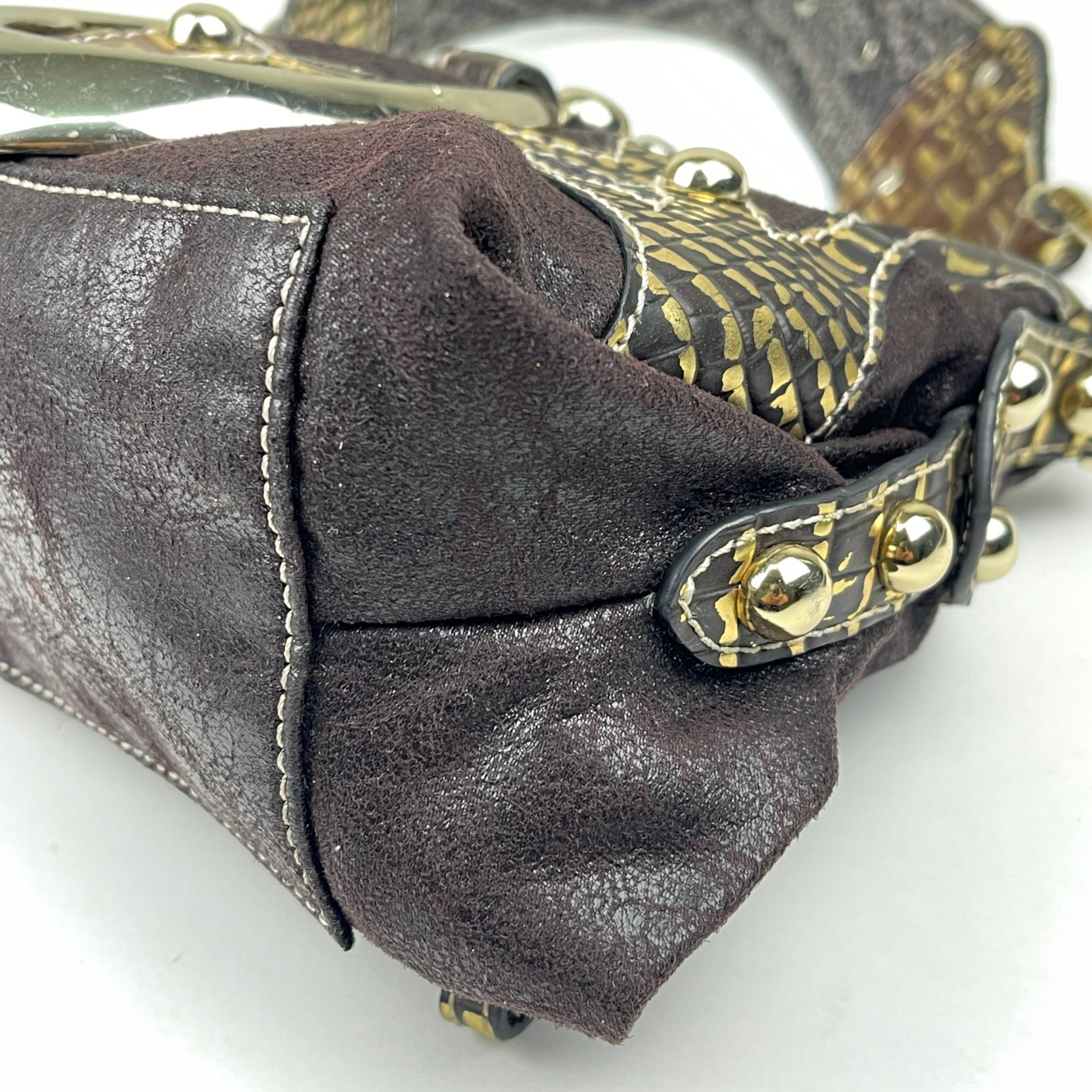 Guess Y2K Dark Chocolate Brown Leather Shoulder Bag Gold Studded Croc Logo Ring