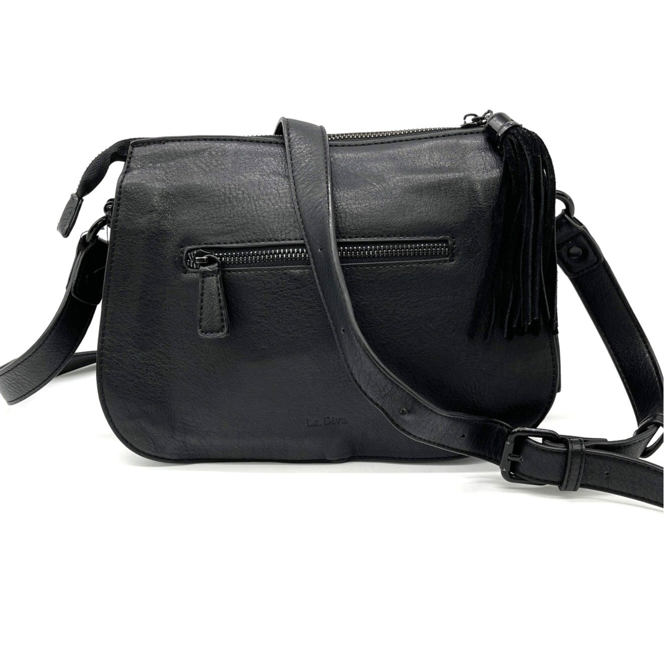 La Diva Crossbody Bag Black Suede Leather Tassel Minimalist Indie Urban Edgy