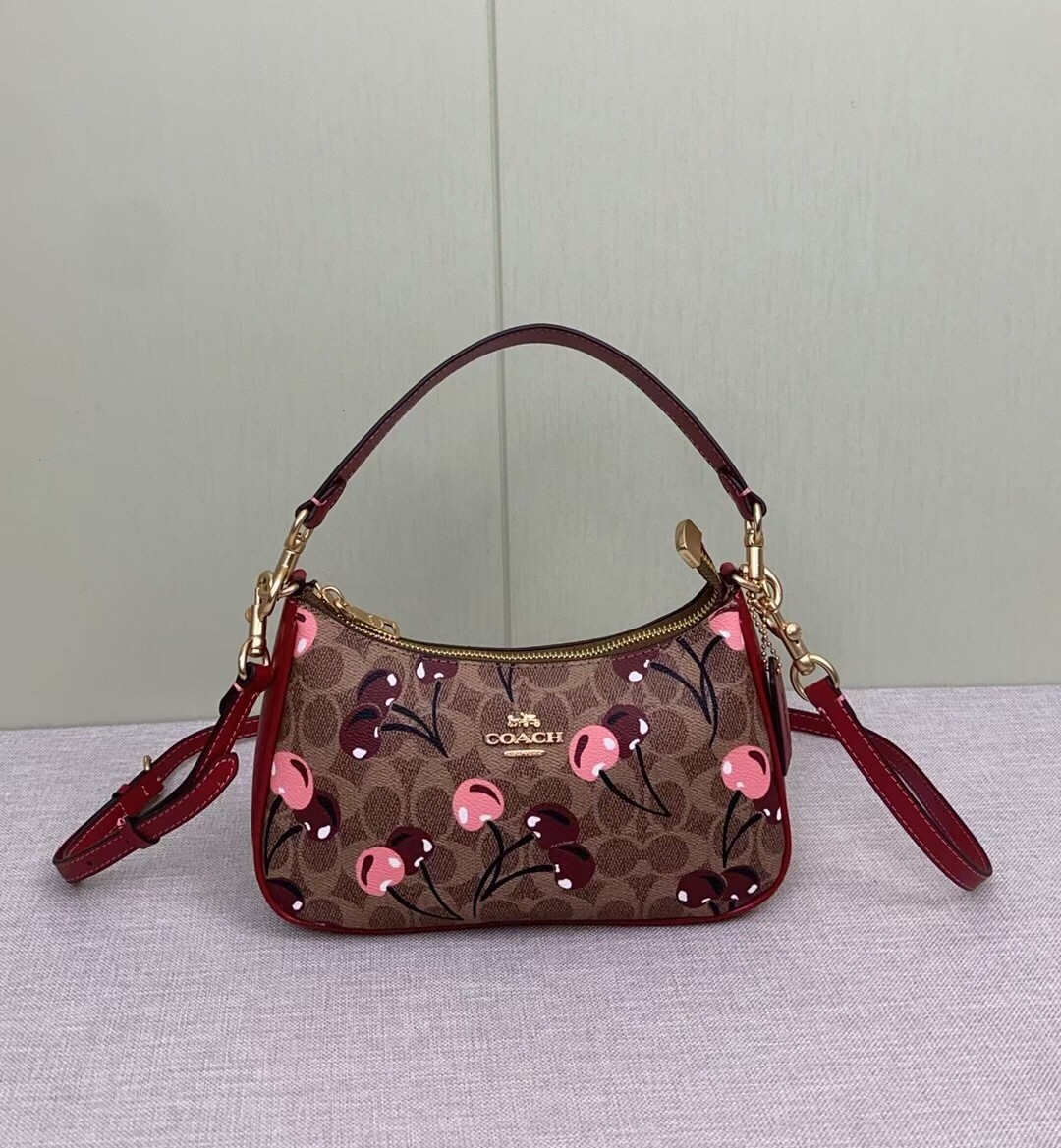 COACH CY694 Teri Shoulder Bag Signature Canvas Cherry Print Tan Brown