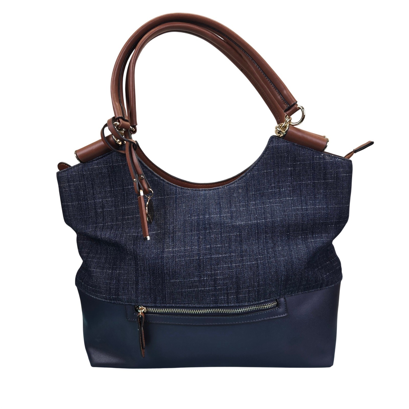 M London Denim Faux Leather Tote Shoulder Bag Navy Blue Brown Gold Accent Office