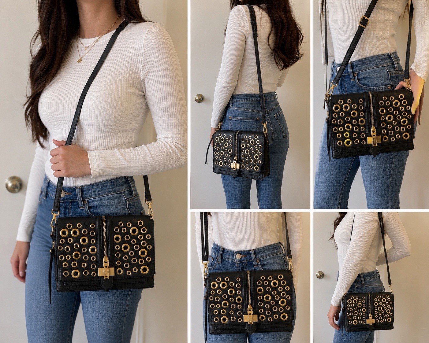 Rebecca Minkoff Genuine Leather Crossbody Shoulder Bag Black Gold Studded