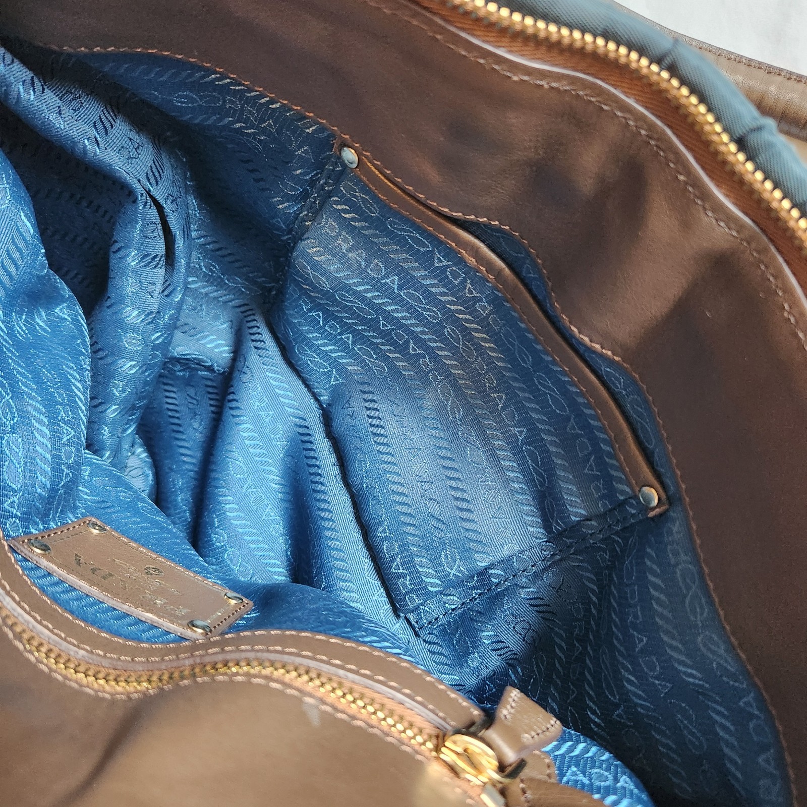 Prada Tessuto Gaufre Satchel Bag Blue Nylon Leather Gold Hardware Excellent Cond