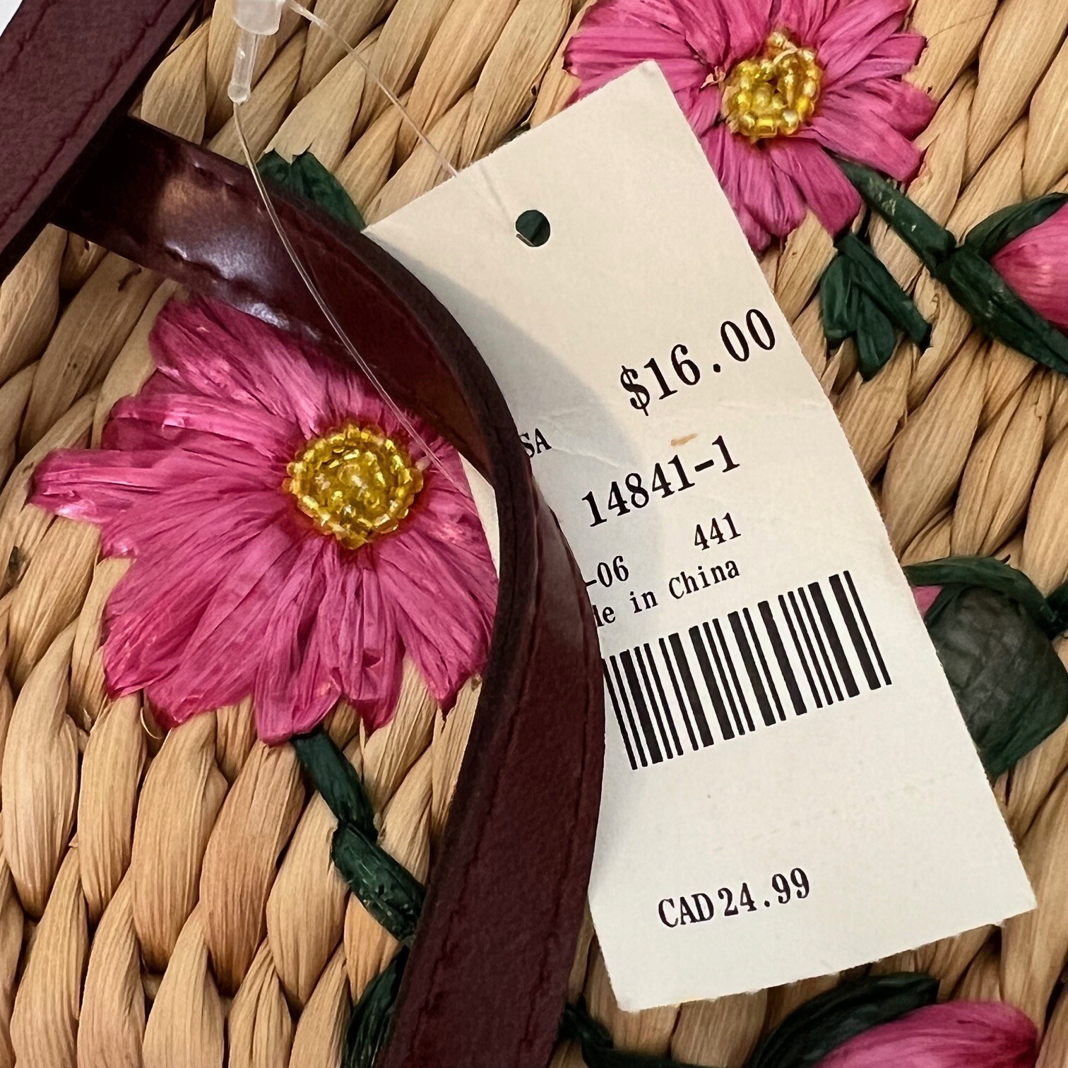 Woven Straw Purse Shoulder Bag Purse Embroidered Pink Flowers 10x7x5 in New