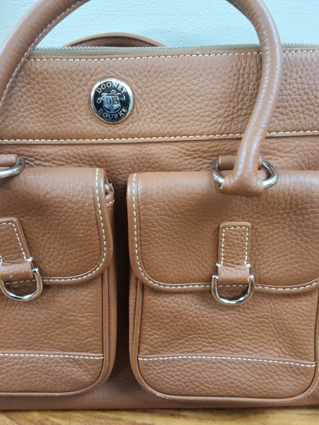 Dooney & Bourke Double Pocket Tote Brown Leather Zip Top Sholder Strap See Photo