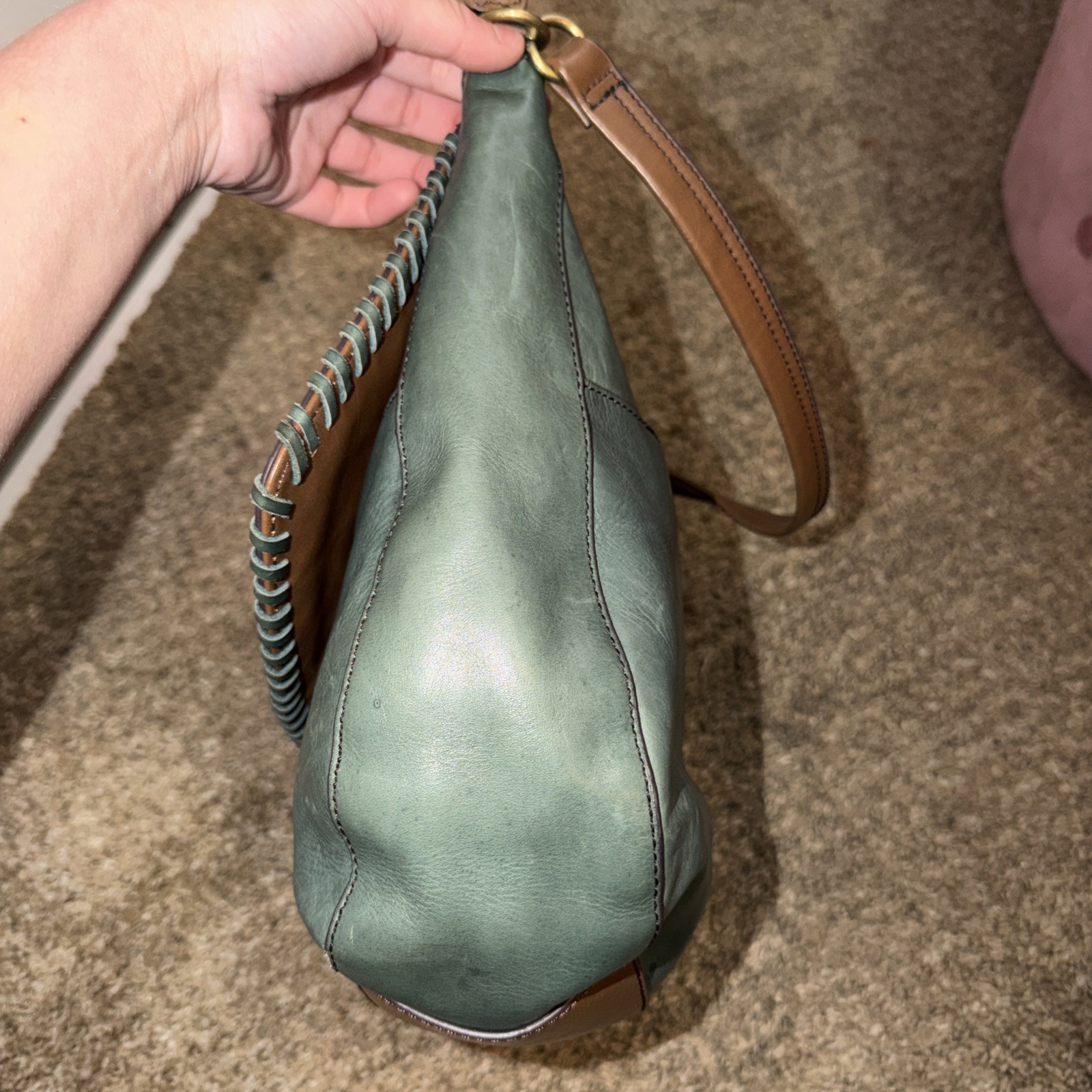 Tignanello Forest Green Distressed Pebbled Leather Shoulder Bag Handbag Purse