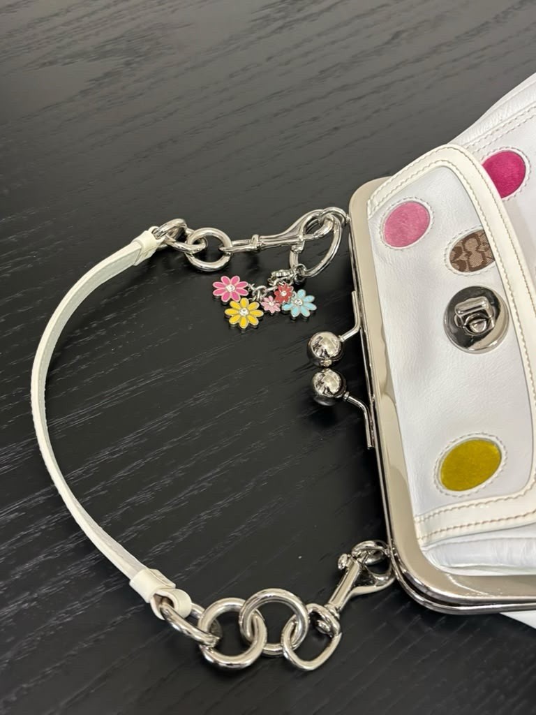 Coach Small White Multicolor Polka Dot Shoulder Bag, Kiss Lock, Bag Charm