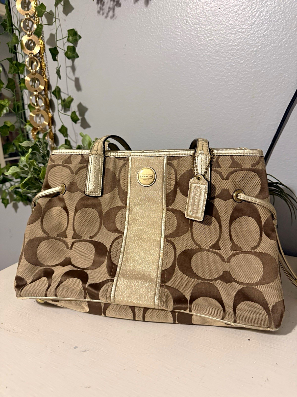 Coach Brown Signature Logo Tote Zip Metallic Gold Trim Double Handle Charm