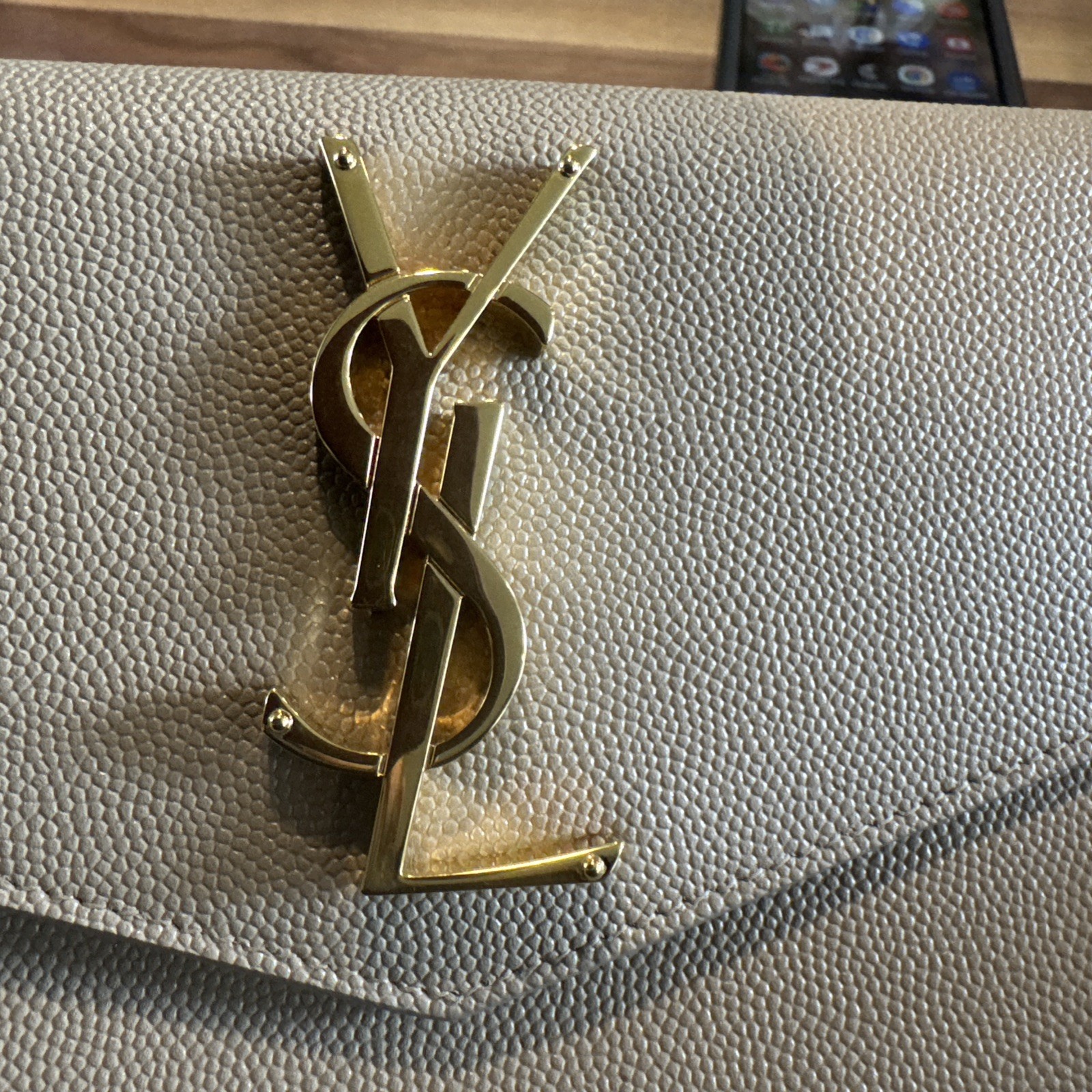 800$ Yves Saint Laurent YSL Uptown Envelope Pouch in Grained Leather-Dark Beige.