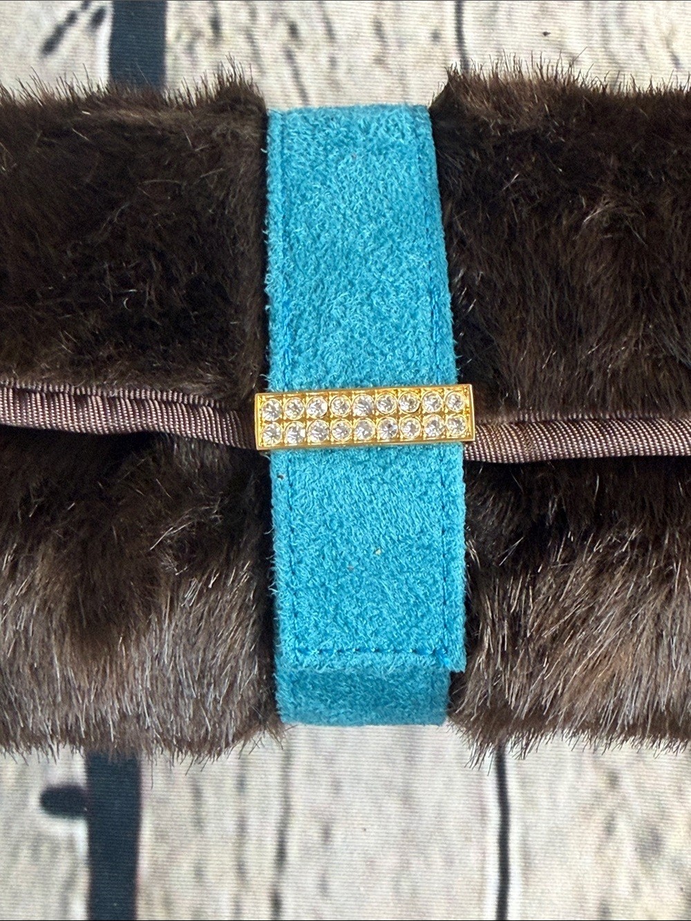 STEPHANIE JOHNSON Faux Fur Clutch Brown Teal Strap Crystal Accent Bag