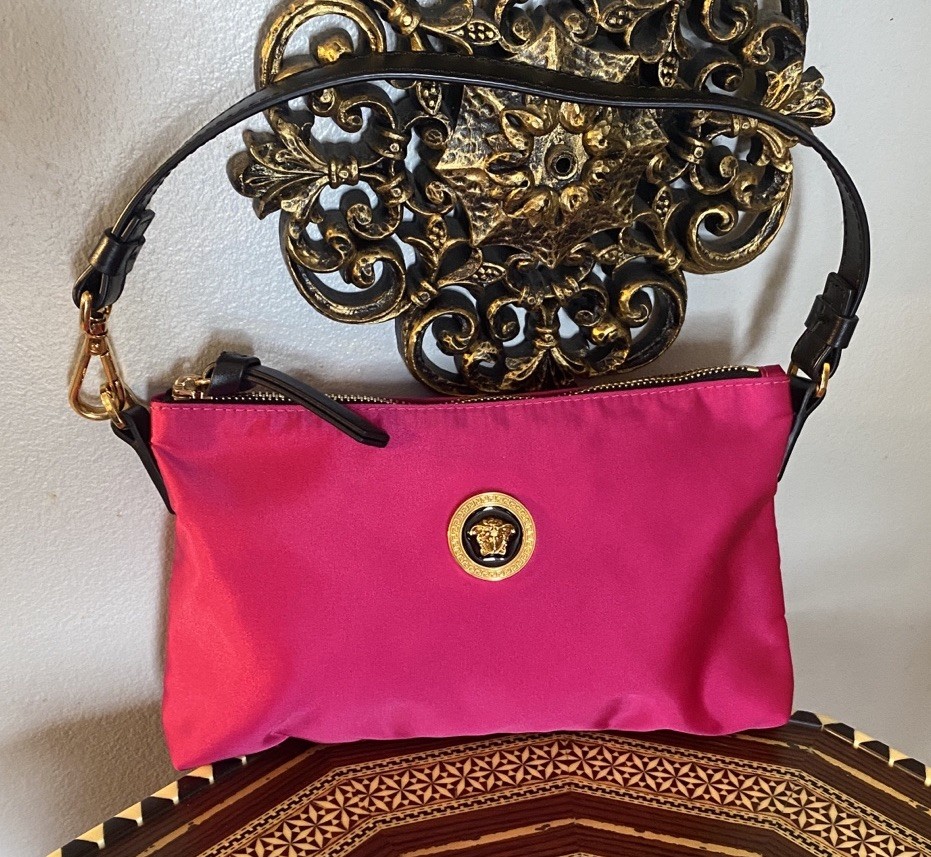 💕💖🖤💕Versace Hot Pink Flamingo Satin Nylon Pouchette Bag