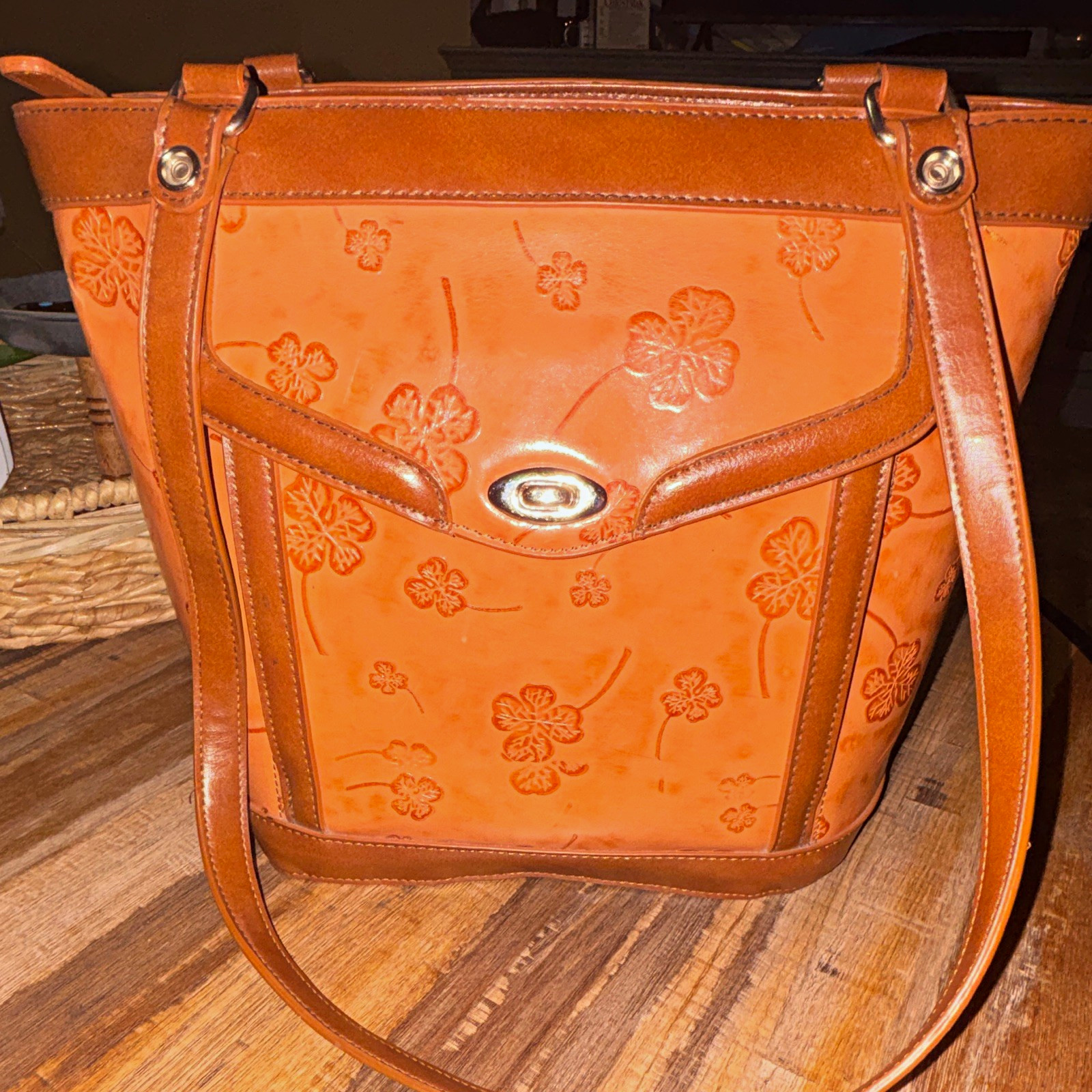 Orange/Brown Floral Tooled Shoulder Bag Brown Straps Silver Hardware Zip Pocket