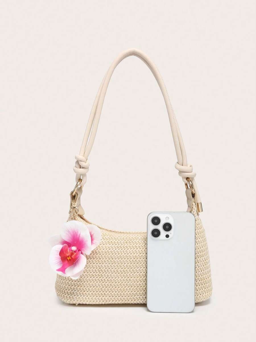 Summer Beach Vacation Straw Bag Flower Pendant Women Underarm Shoulder Handbag