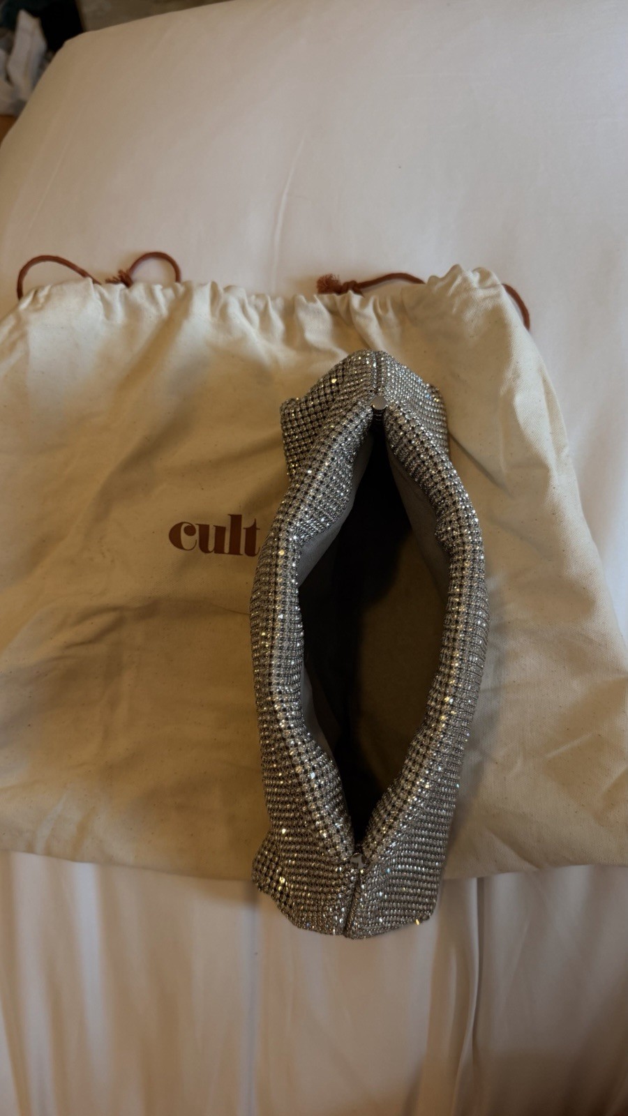 Cult Gaia Silver Rhinestone Beaded Clutch with Clasp Closure & Dust Bag