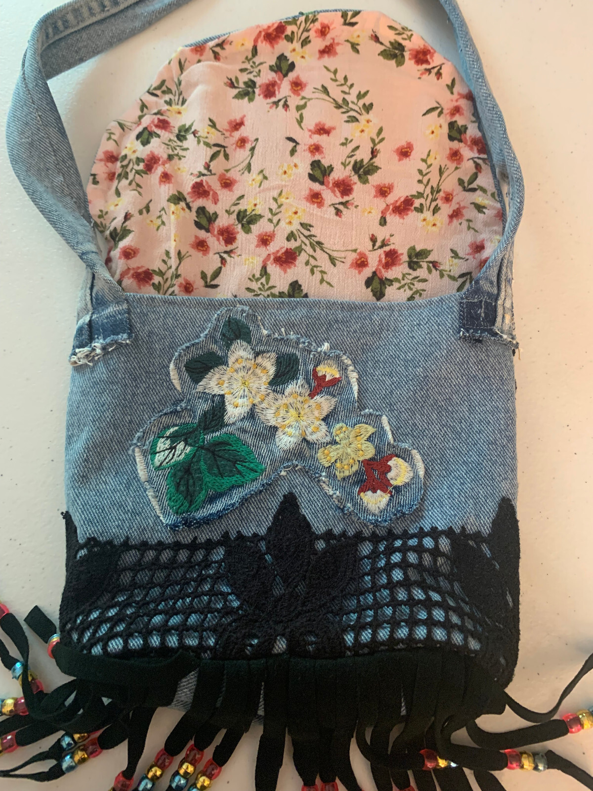 BOHO BAGS S Lt Denim Embroidered Floral UPCYCLED CROSSBODY BAG Fringe Bead Shell