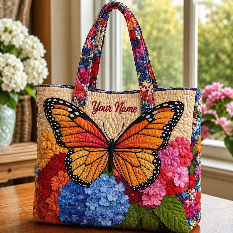Custom Butterfly Feather Quilted Tote Bag, Butterfly Handbag, Butterfly Bag, But
