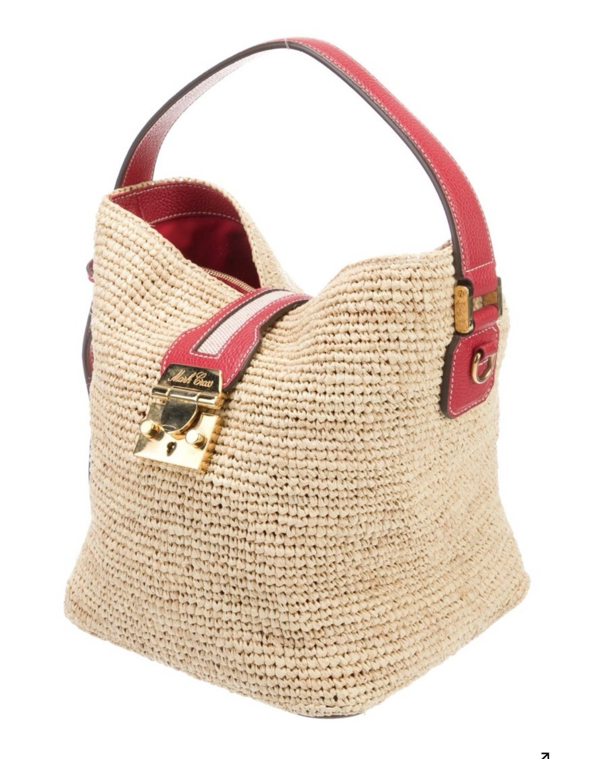 Mark Cross Woven Bucket Bag Beige Red Leather Trim Gold Hardware Lock