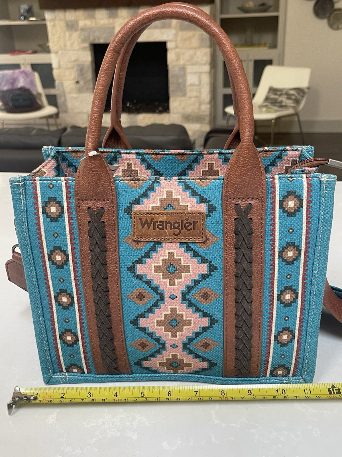 Wrangler Southwestern Aztec Print Canvas Tote Crossbody Bag Turquoise