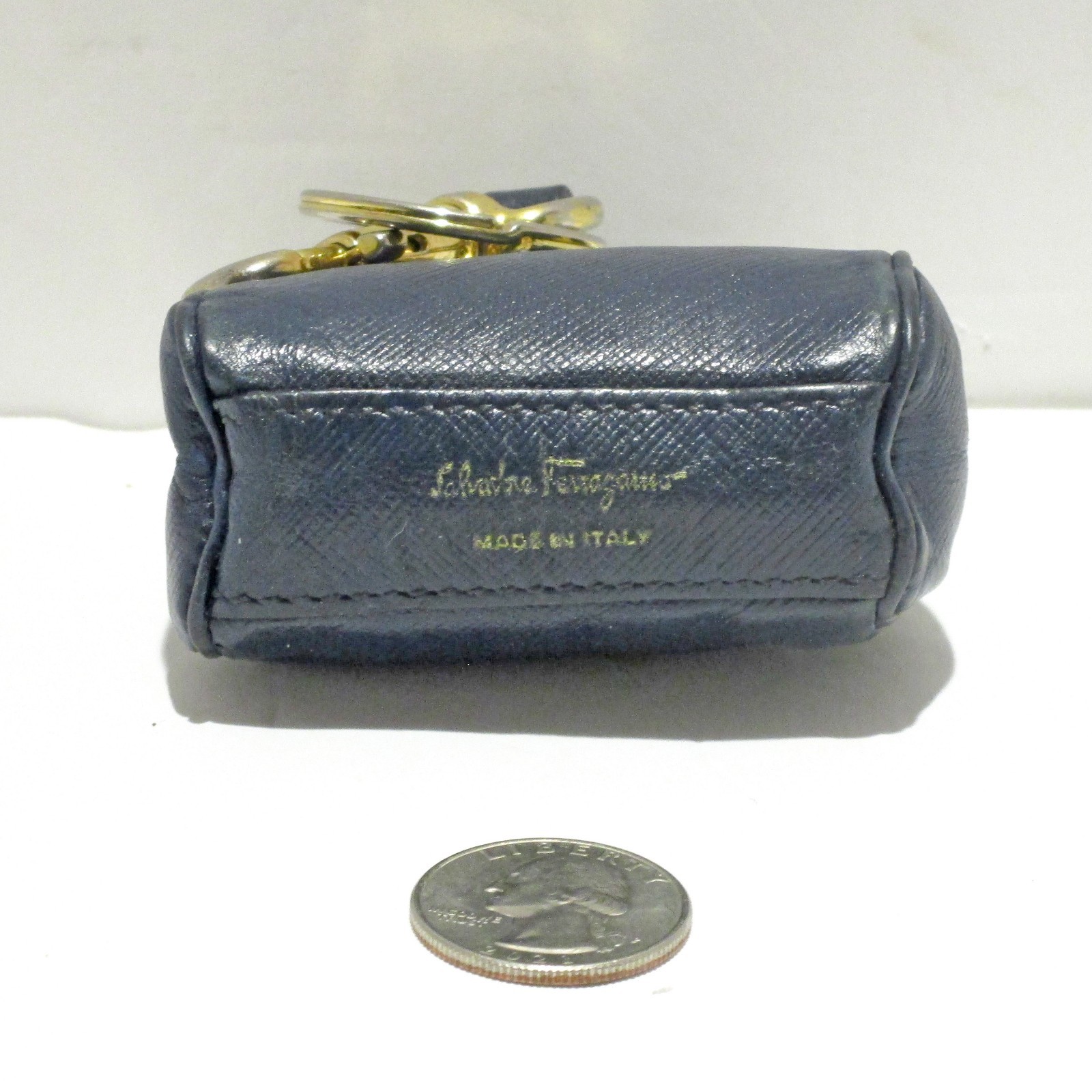 Salvatore Ferragamo Mini Gancini Navy Blue Leather Bag Charm Air Pods Pouch +Tag
