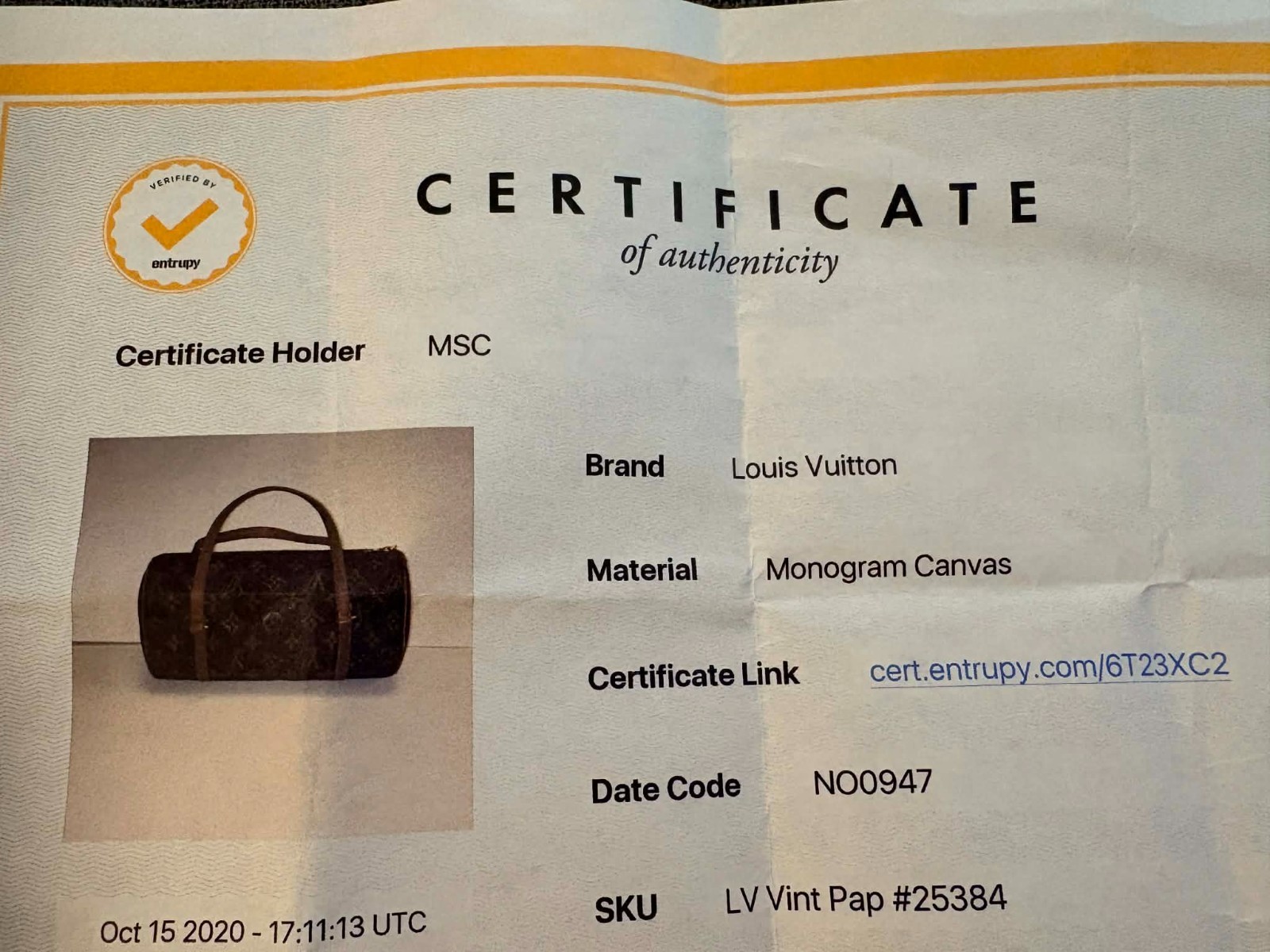 Louis Vuitton Vintage Papillon 26 Bag Monogram with Certificate of Authenticity