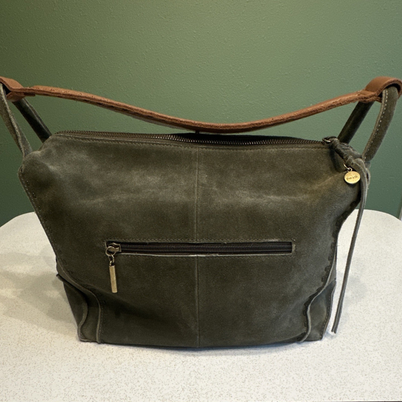 The Sak Purse Olive Green Suede Leather Handbag Brown Strap Zip Pocket Shoulder