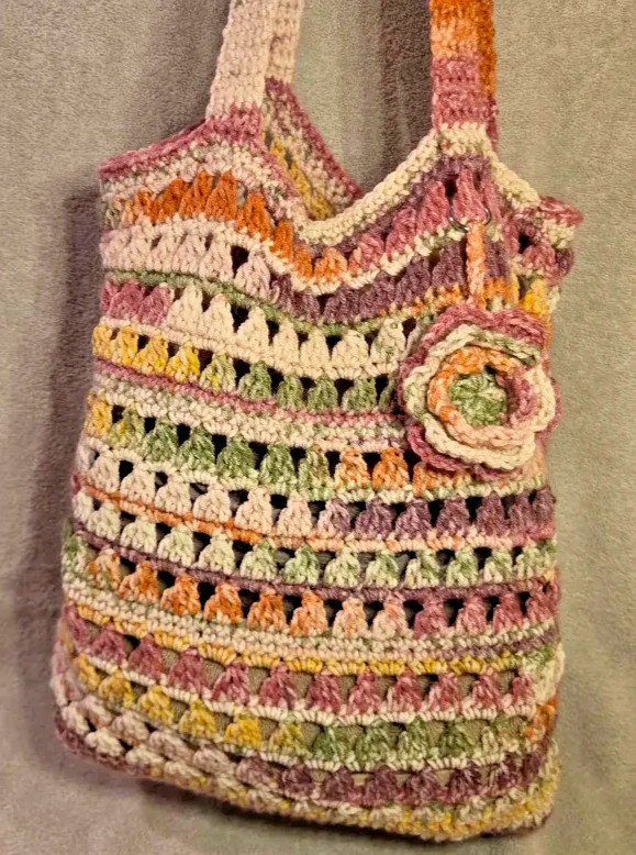 Handmade Crochet Shoulder Bag 16×16 With Flower Charm, Sturdy For Everyday Use