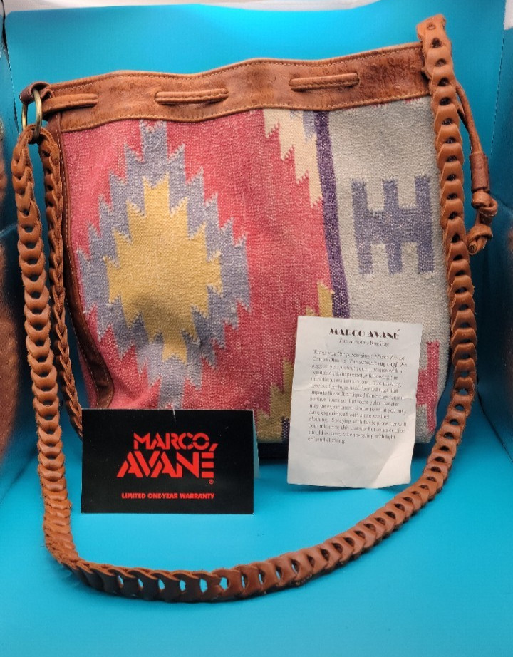 NEW NWT 90s VTG Marco Avane Southwest Hand-Loomed Dhurrie Rug Bucket Bag Leather