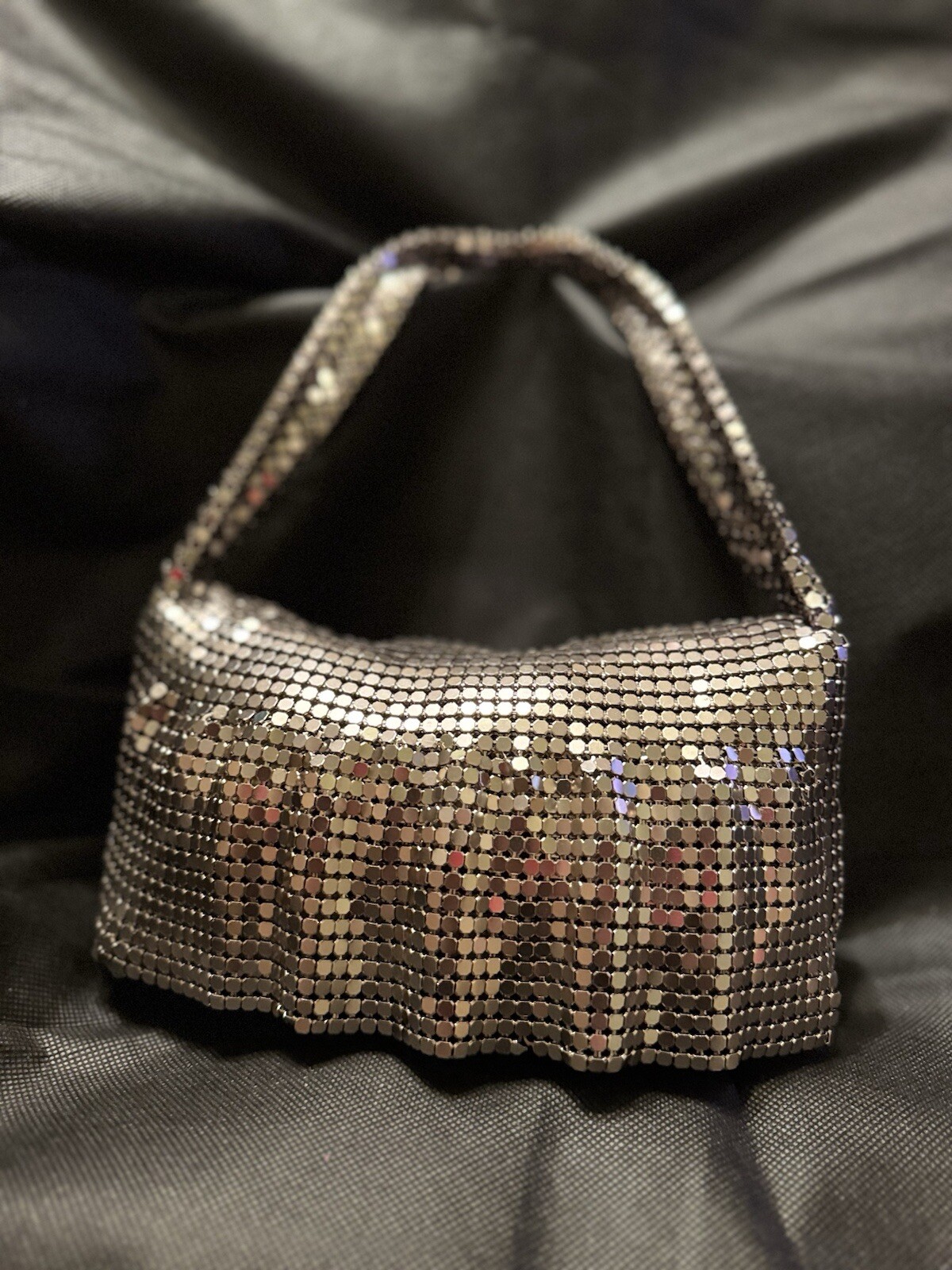 Vintage LIZ Silver Metal Mesh Handbag Purple Lining Cluth Party Wedding