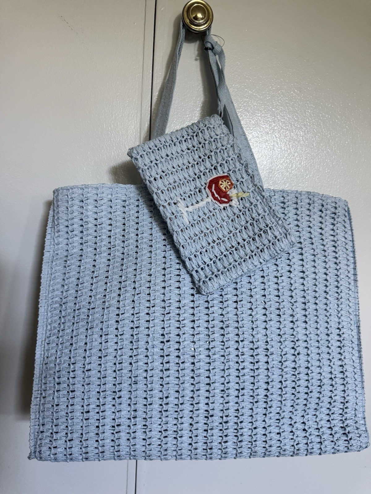 Women’s Light Blue Straw tote bag “Ciao, Ciao” Wristlet included NWT