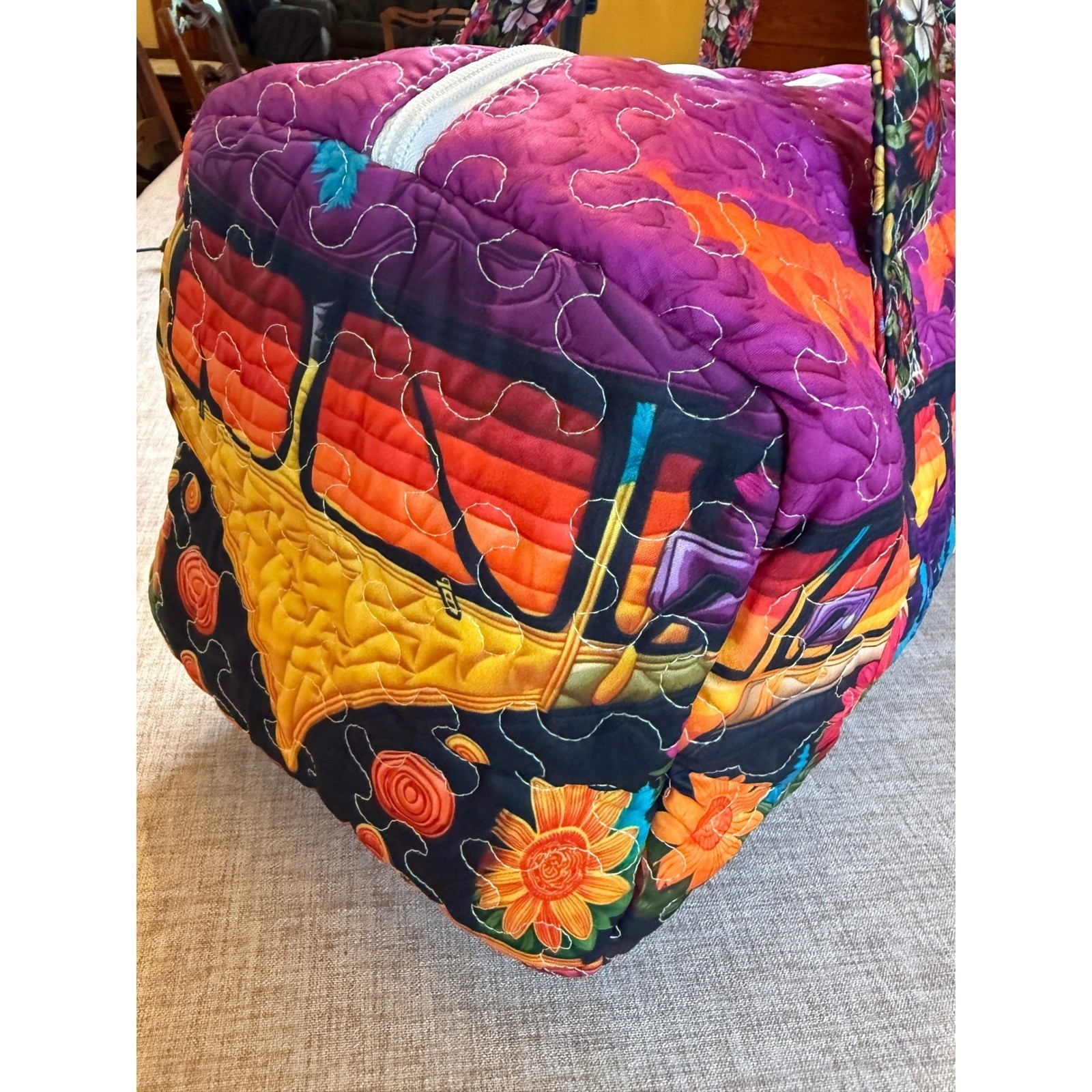 Quilted Hippie Bus Duffel Bag Psychedelic Mushroom Sunflower Travel Bag