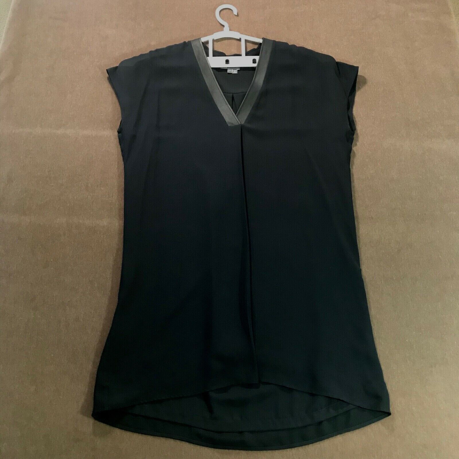 VINCE Black V-Neck Lined Dress w/ Lambswool around Neck & slight High-Low Hem