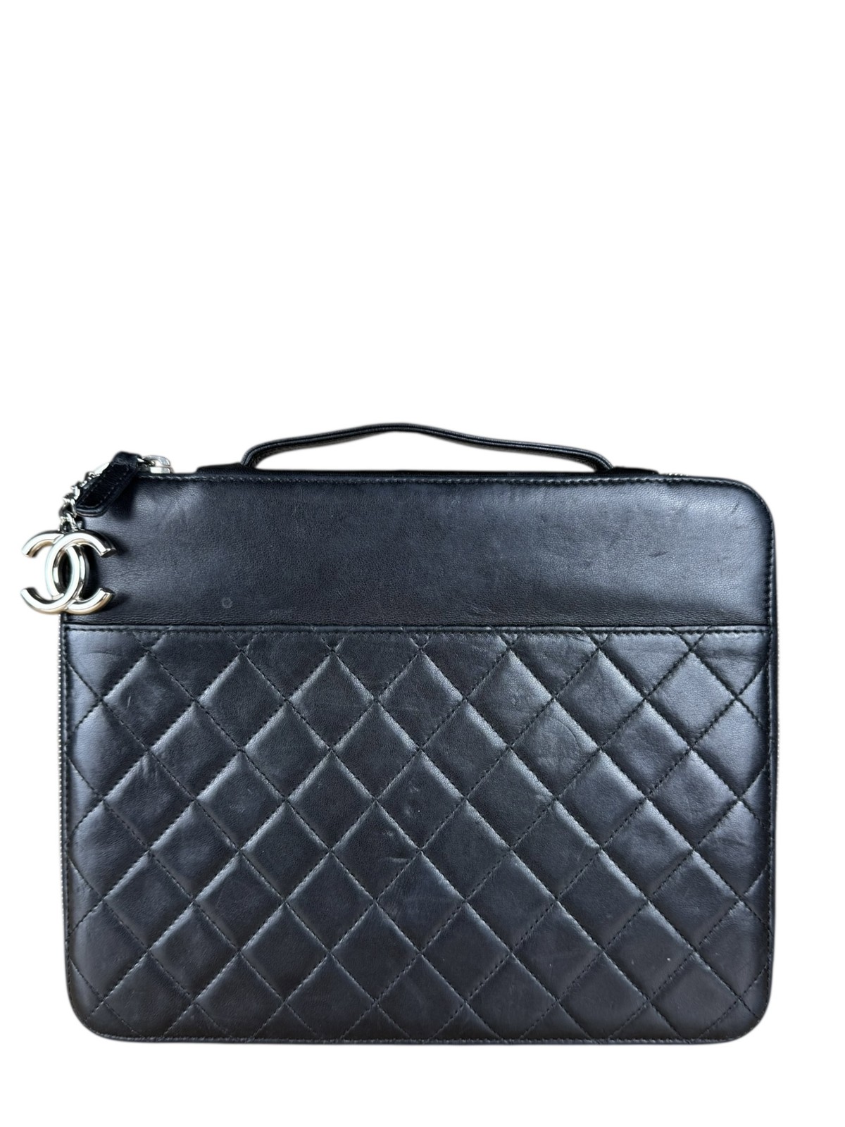 Size 21cm x 25.5cm – Chanel Black Quilted Caviar Leather Tablet Clutch Case – Pr