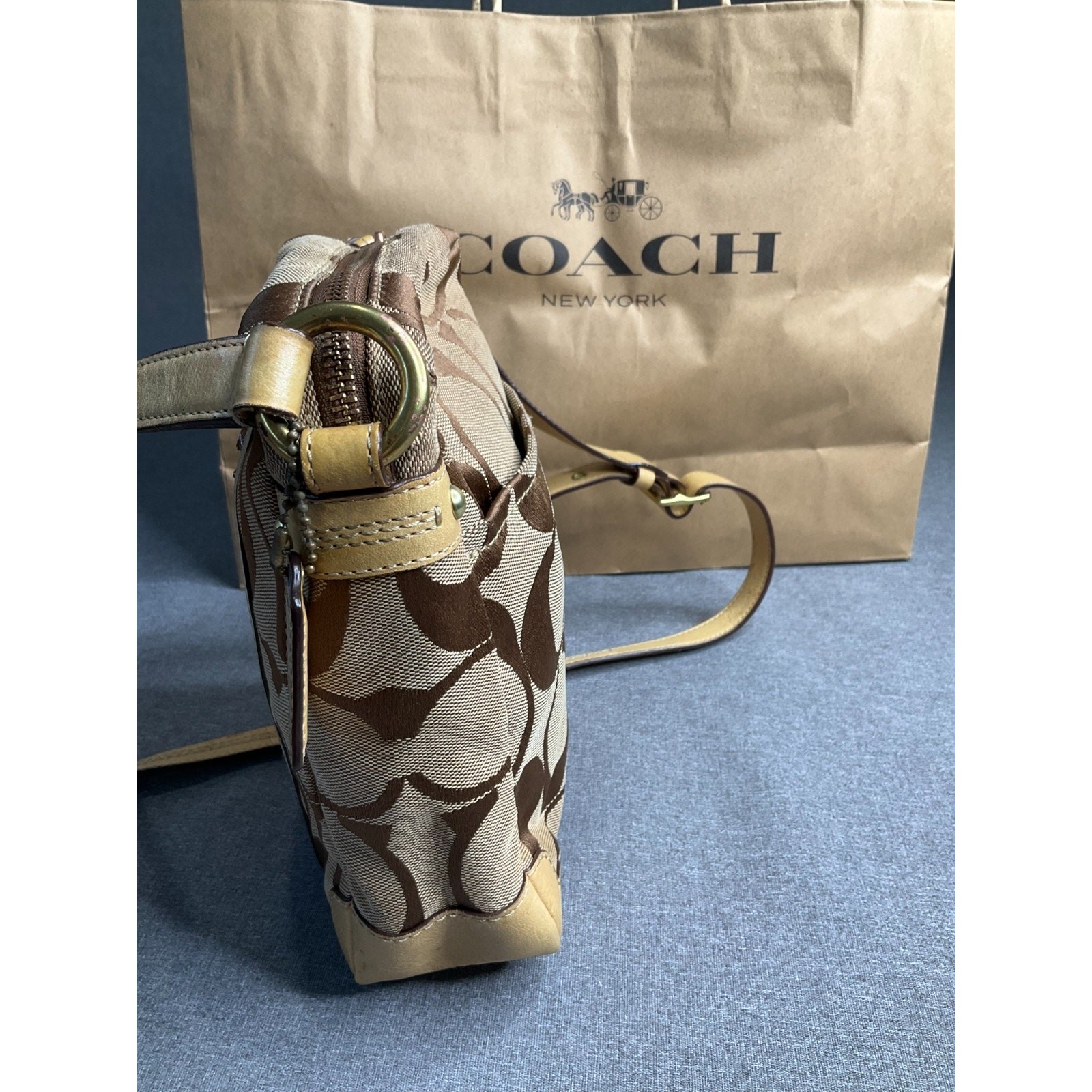 Vintage Coach 12471 Python Print Beige Orange Canvas Leather Shoulder Bag Auth