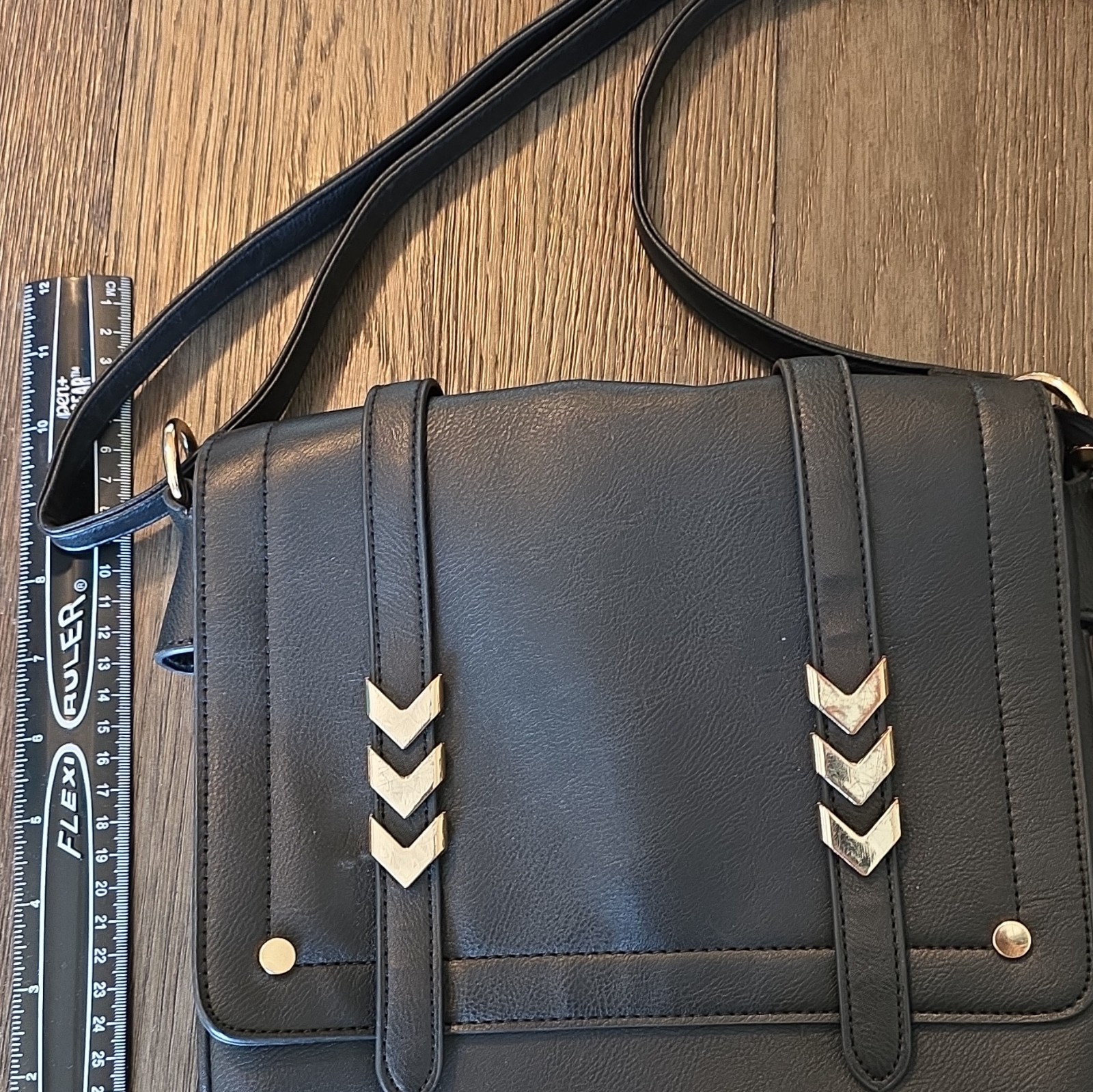 Black Small Crossbody Bag Magnetic Flap, Zip Pocket, Adjustable Strap, Gold