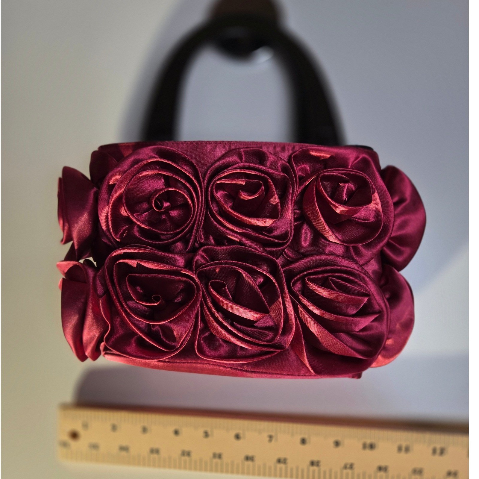 Burgundy Satin 3D Rosette Evening Bag Floral Top Handle Formal Wedding Handbag