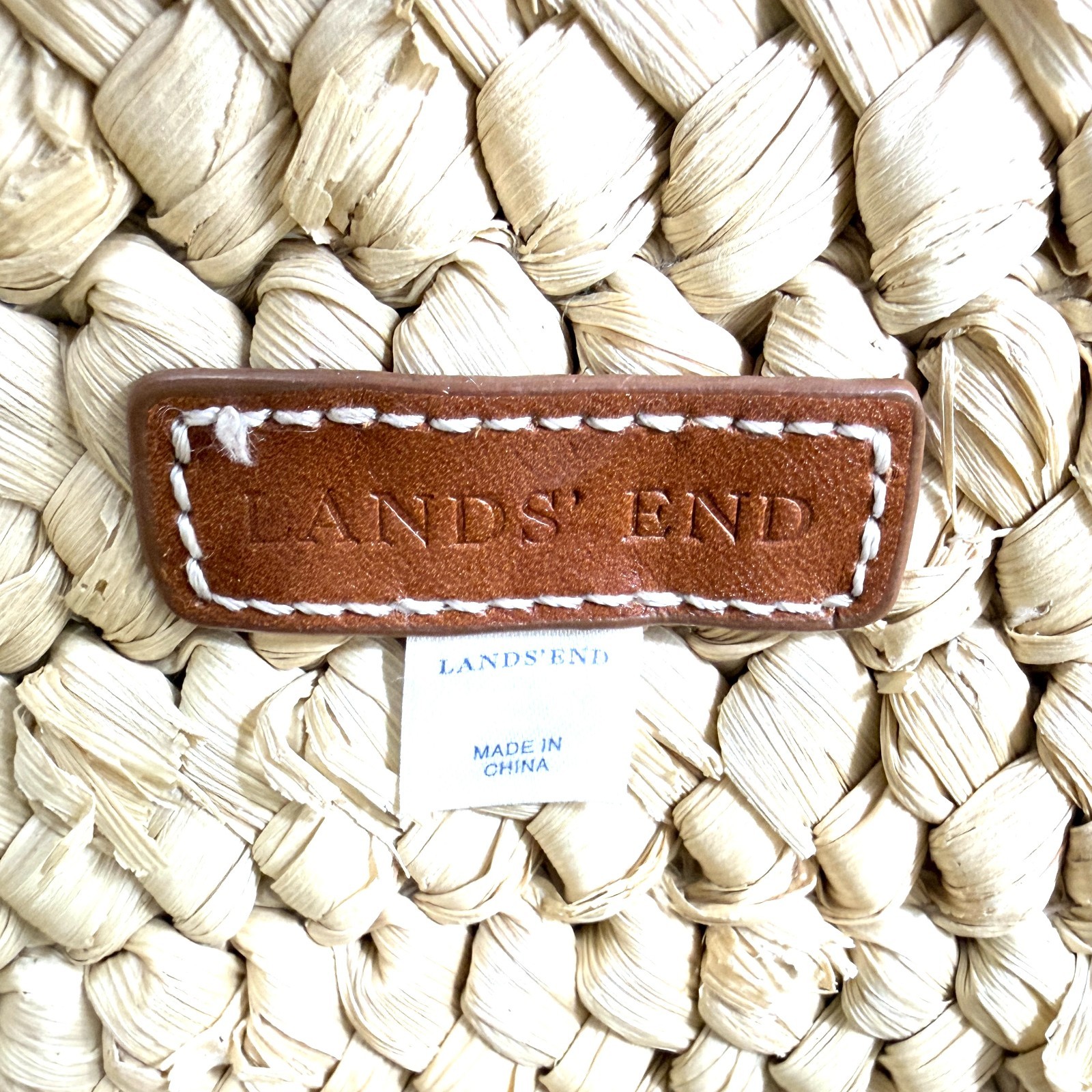 Lands End Woven Raffia Beach Shopper Summer Large Straw Tote Bag Leather Accents