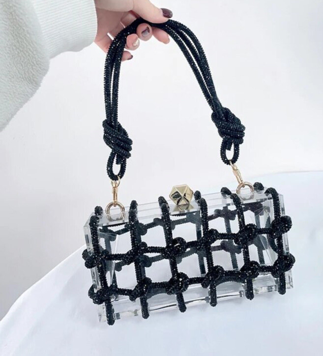 Crystal-Embellished Black Rhinestone Rope Acrylic Bag Clutch Clear Purse